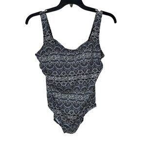 Vintage Robby Len One-Piece Swimsuit Criss Cross Back Black White Print‎ Size 14